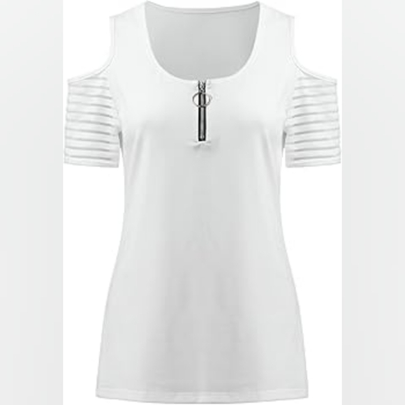 Cold Shoulder Quarter Zip V Neck Summer Blouse sz L - Picture 4 of 10